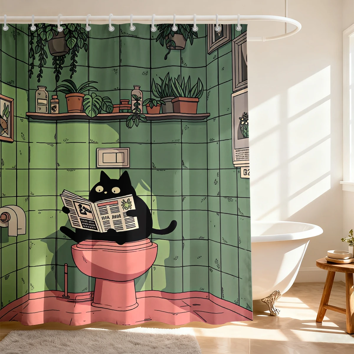 1PC Retro Bathroom Newspaper Reading Black Cat Shower Curtain, Waterproof Shower Curtain, Partition and Privacy Hanging Curta view 5