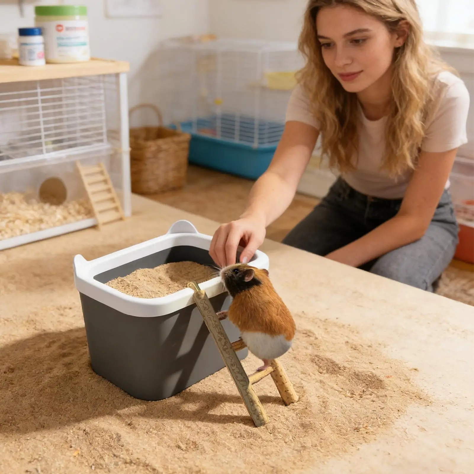 Caja de arena para hámster con escalera, contenedor de baño de arena para hámster, inodoro para gerbil, jaula de baño de arena, contenedor de arena para excavación para animales pequeños