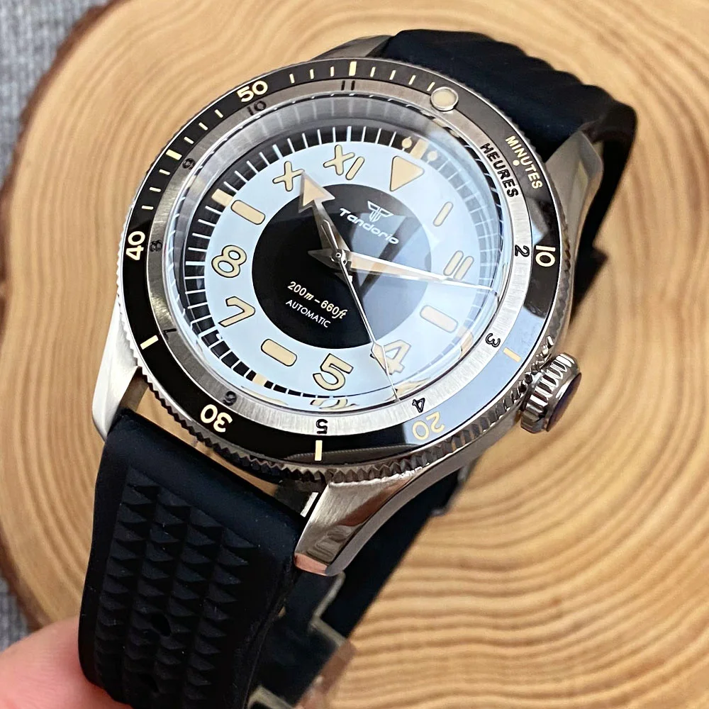 Tandorio Vintage Diver S NH35 Watche Black PT5000 Movt Dome Sapphire Glass Mechaical Wristwatch Yellow Marker Bezel 20bar Retro