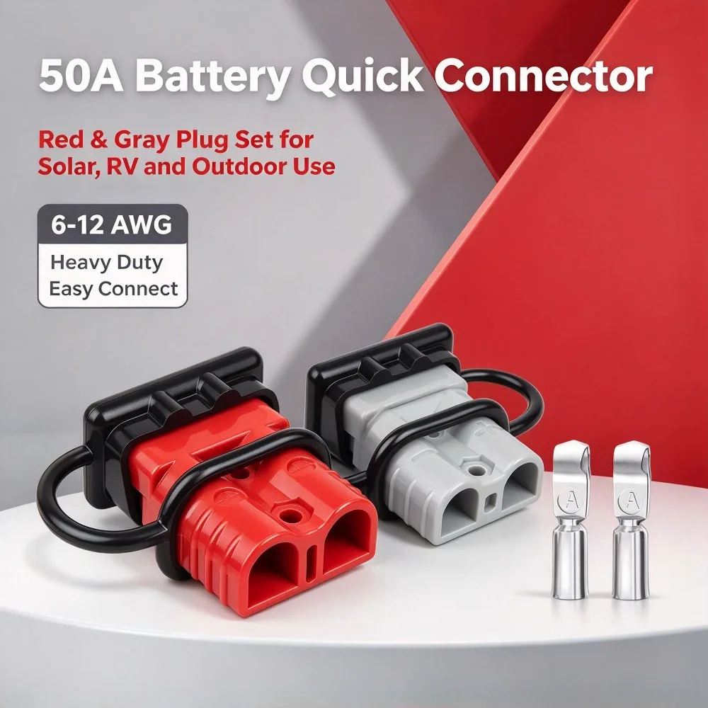 Heavy Duty Battery Quick Connector 50A 6-12 AWG Fit for Anderson Flame-Retardant Jumper Cable Plug Disconnect for Solar RV Boat