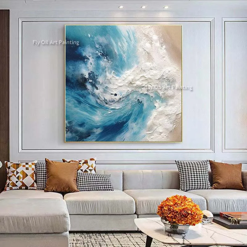 Blue Ocean Beach Landscape Oil Painting Hand Painted Modern Sea Waves Ocean View Canvas Artwork Decor For Home Offcie Unframed