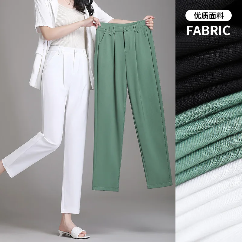 Pantalon de costume sarouel taille haute pour femmes, ample, droit, élégant, pour le bureau, vert, noir, blanc, été