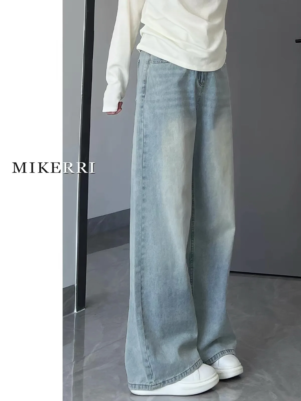 Light Blue Washed Wide Leg Pants Women's Summer Loose Fitting Pear Shape Loose Slimming Floor Length Trousers Casual High Wai...