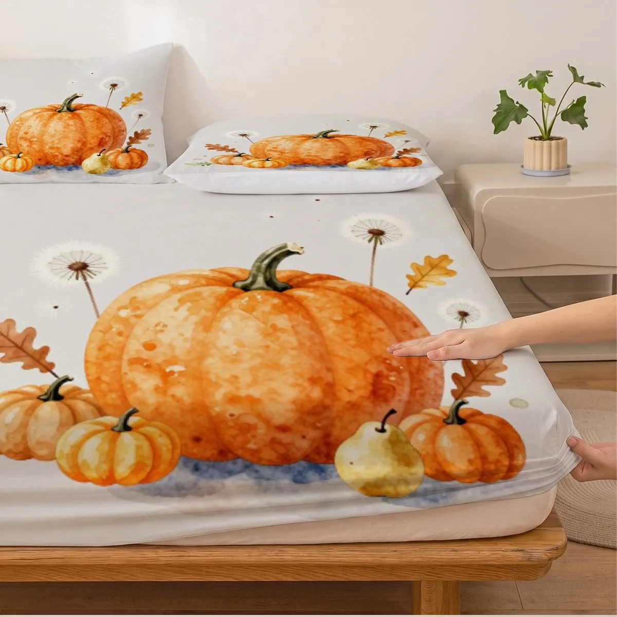 Thanksgiving Halloween Mattress Protector, 2D Flat Printing, Mattress Cover, Fun Pumpkin Harvest Party Mattress Protector, Elastic Fitted Sheet Cover King/Twin/Queen Size, Three-Piece Comfortable Decorative 2D Printed Bedding Set, Includes Deep Pocket Fitted Sheet and Two Pillowcases, Does Not Include Pillow Inserts, Machine Washable