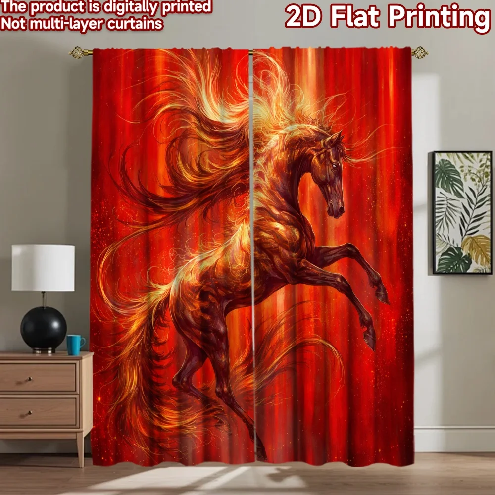 2D flat printing 2pcs Curtain Scene Curtains Fiery Majestic Horse Digital Printed Polyester Drapes Party Decorations Use for
