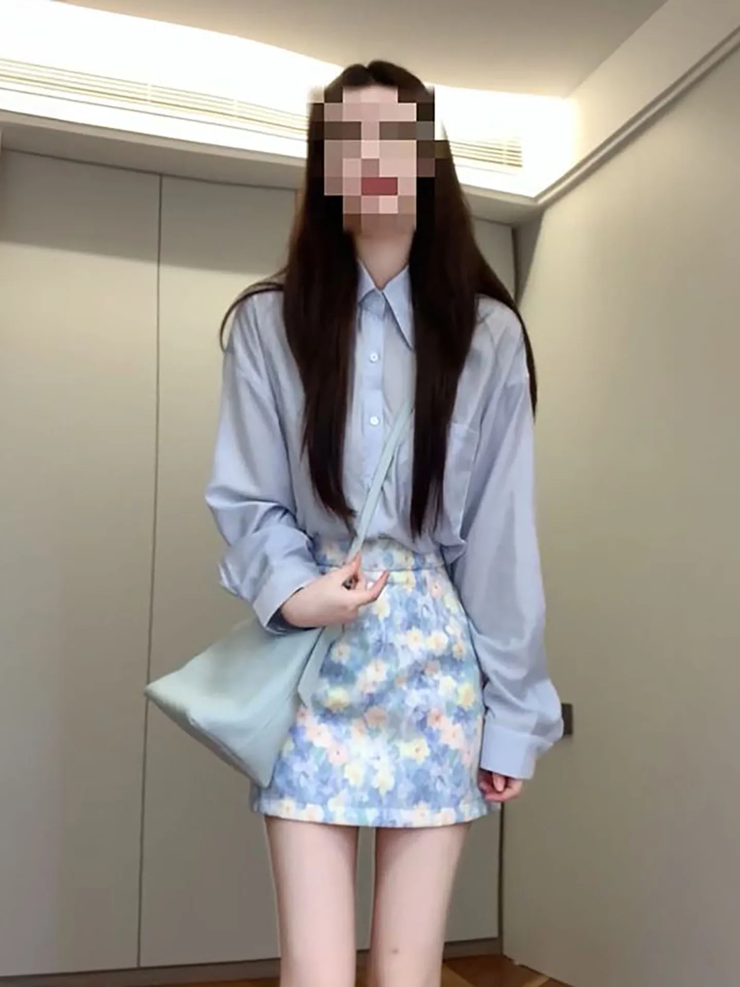 

Blue Polka Dot Printed Shirt And Short Skirt Two-Piece Set Women's Fashion Summer Outfit Slimming Effect High Waist Design