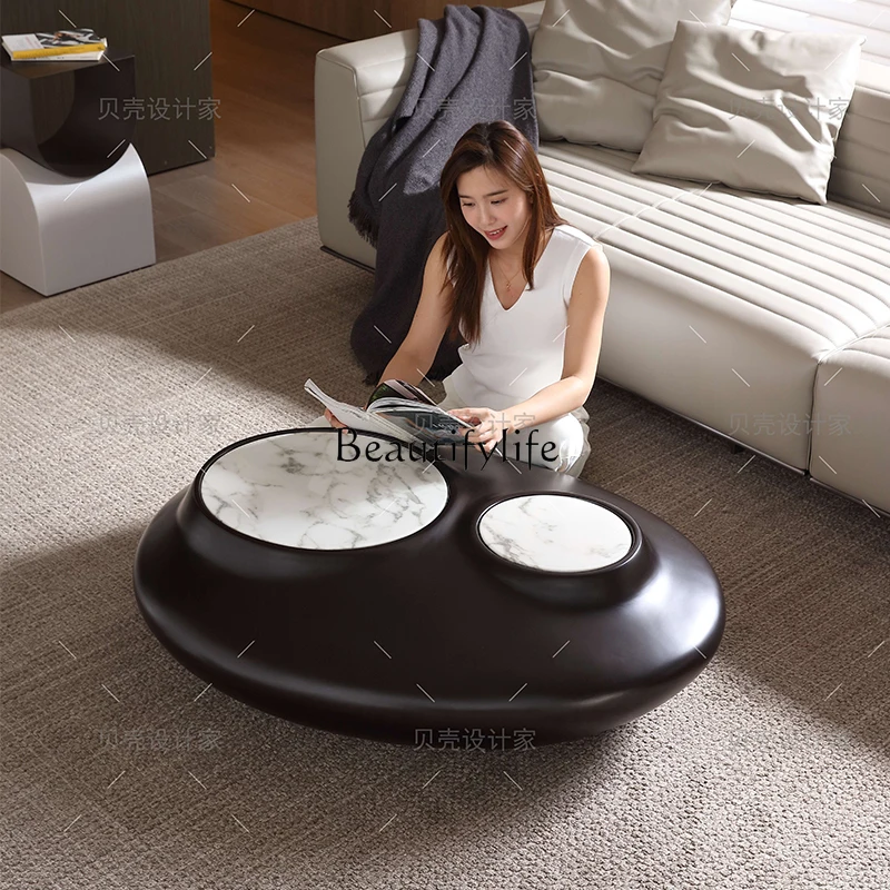 Italian Simple and Stylish Personality Black and White Oval Marble Tea Table Living Room Shaped Tea Table