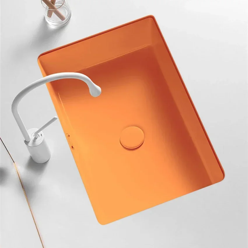 Lavabo de fondo cuadrado de fondo plano naranja, fregadero empotrado, lavabo individual de cerámica de colores moderno y sencillo, lavabo para balcón