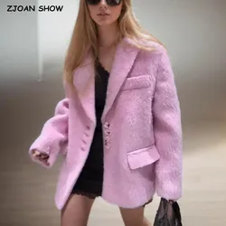 2024 Streetwear Long Hairy Shaggy Blazer Boyfriend Vintage Women Front Pockets Loose Oversized Suit Fashion Coat Pink 4 colors