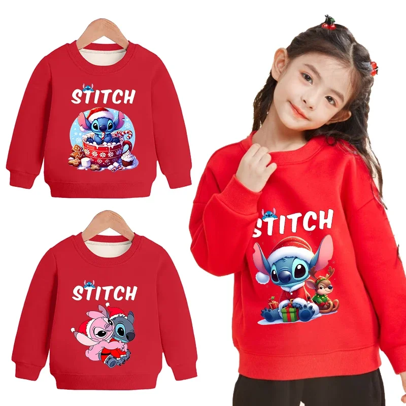 STITCH Toddler Christmas Sweatshirts Cartoon Print Crewneck Pullover Thickening Tshirt Kid Winter Long Sleeve Top Cute Clothes