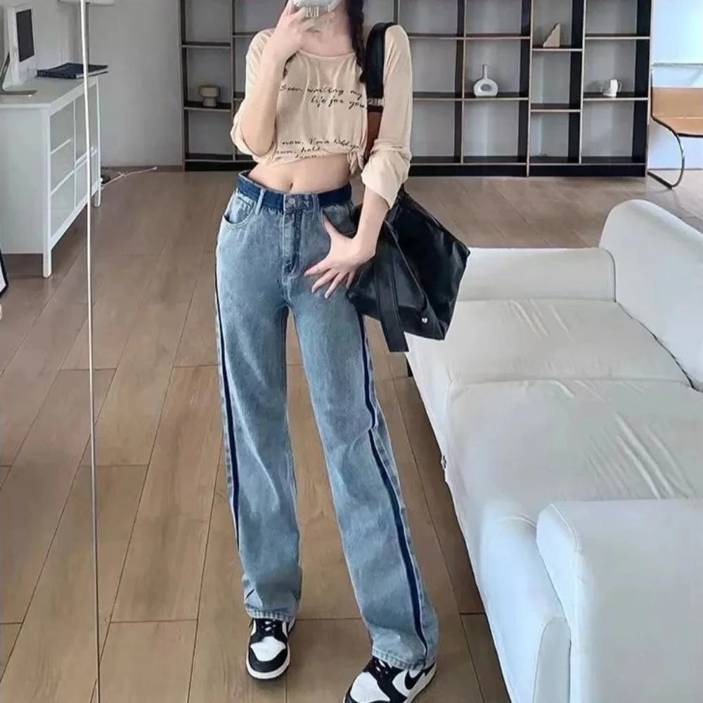 Denim Pants for Women With Pockets Trousers Contrasting Colors New In Womens Jeans Unique Harajuku Fashion 2025 High Quality R A