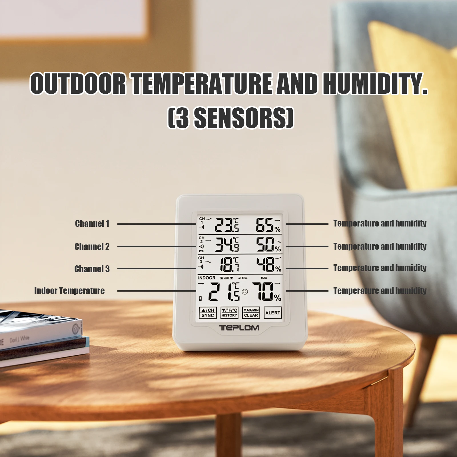 3-In-1 Wireless Indoor Outdoor Digital Thermometer Hygrometer Large Screen Temperature Alarm Monitoring Recorder