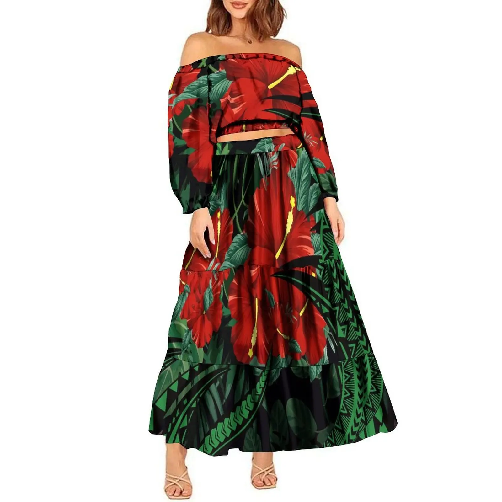 Belly-Button Set Summer One-Line Shoulder Long Sleeve Polynesian Women'S Set Custom Tribal Flower 3d Printed Samoan Sexy Dress