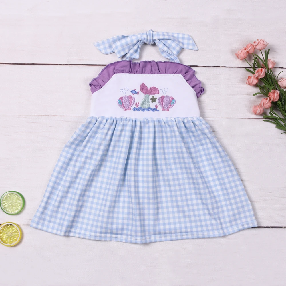 Ropa New Exquisite Summer White Cotton Sleeveless Purple Square Neck Strape Dress Fish Embroidery Girl BlueLattice Skirt Clothes