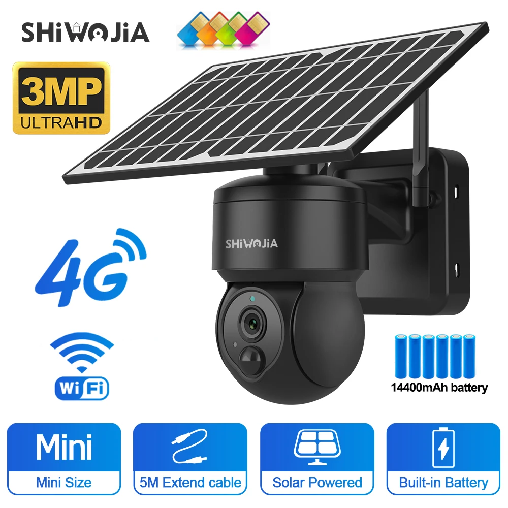 

SHIWOJIA 3MP Solar Security Camera 4G SIM Outdoor 4X Digital Zoom WiFi Surveillance Camera Night Vision PIR Motion Detection Cam