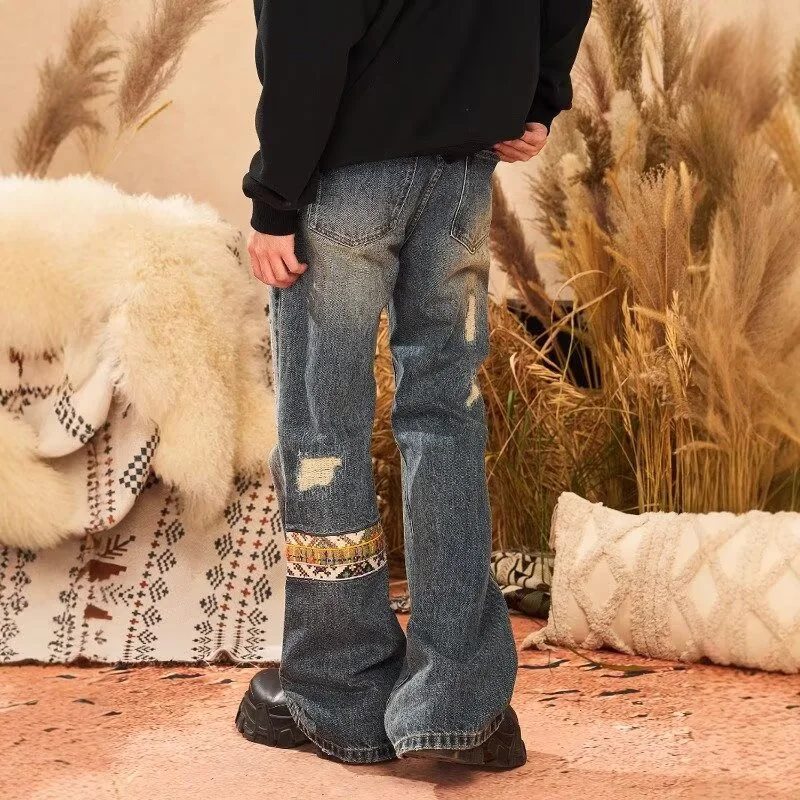 

2025 New Paisley Pattern Embroidered Baggy Jean For Men High Street Ripped Straight Denim Trousers American Retro Y2K Jeans