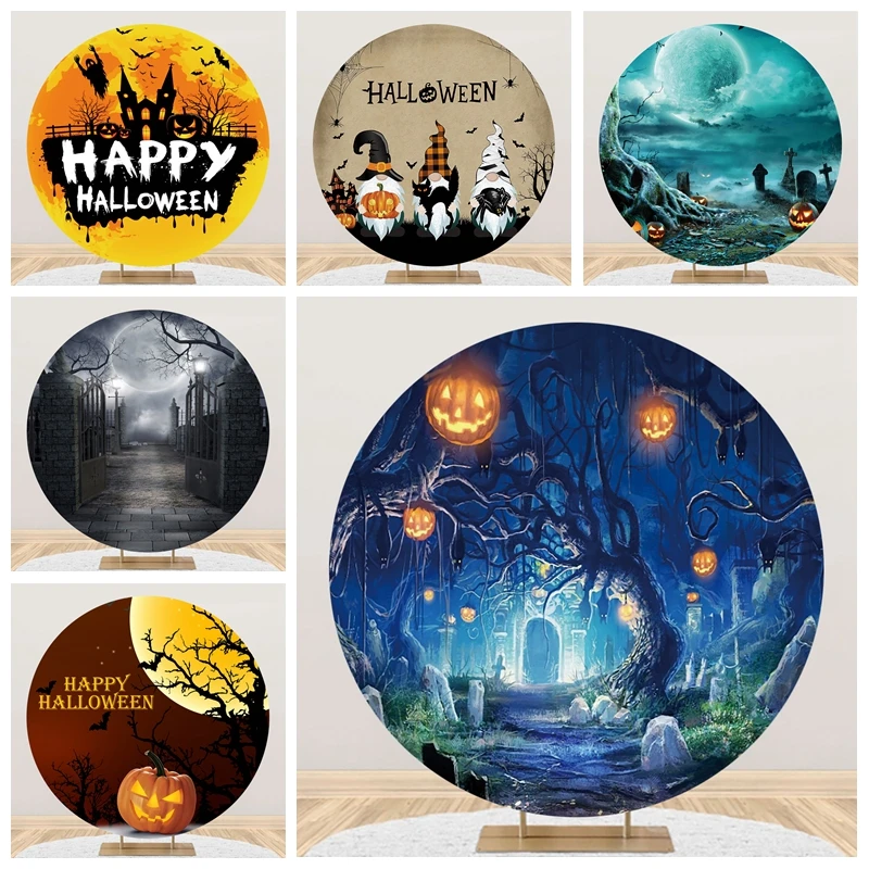 

Halloween Round Backdrop Portrait Party Photography Pumpkin Lanterns Background Photocall Kids Photo Studio Photographic Prop