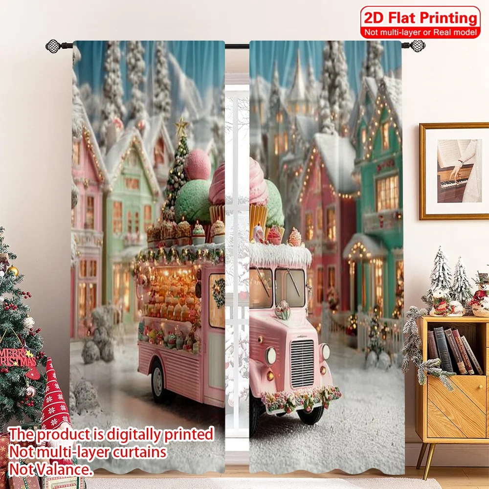 

2pcs 2D flat printing Merry Christmas Popular Drapes Christmas dessert truck Fabric Without Electricity Versatile for Home Decor
