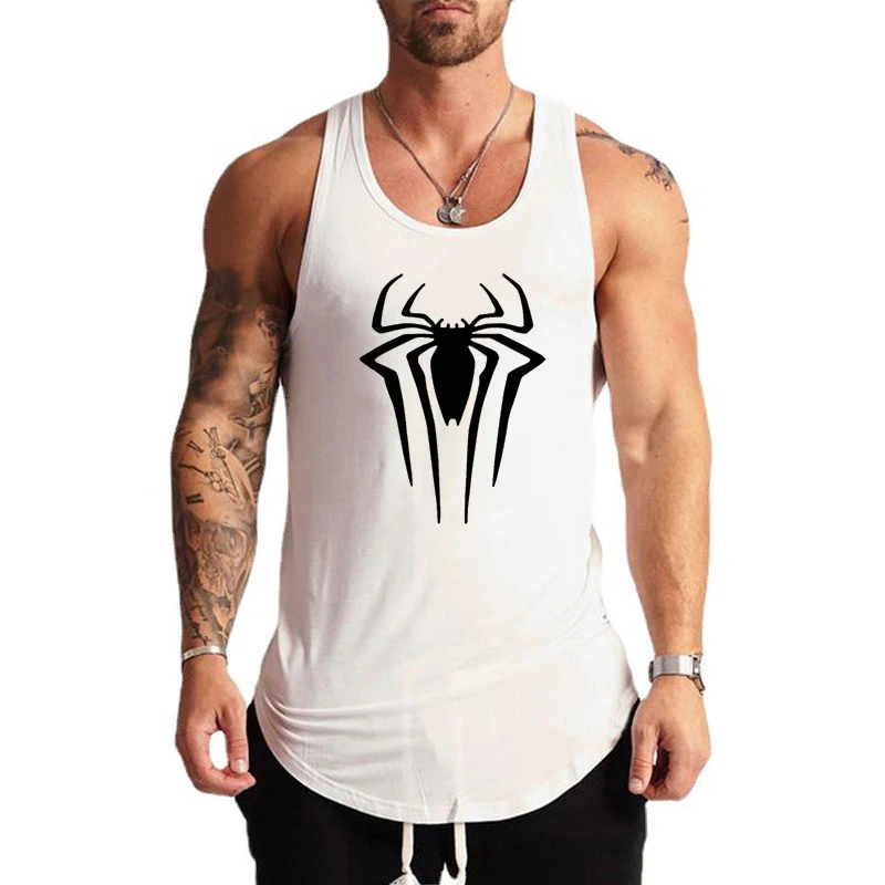 Spider Print Gym Bodybuilding Running Vests Summer Casual Cotton Breathable Tank Tops Mens Fitness Sport Workout Muscle Shirts