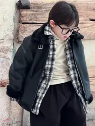 Children's Thick Faux Leather Coat Warm Brown Zipper Jacket  Boys Winter New Korean 2025 Style Solid Turn-Down Collar Outwears