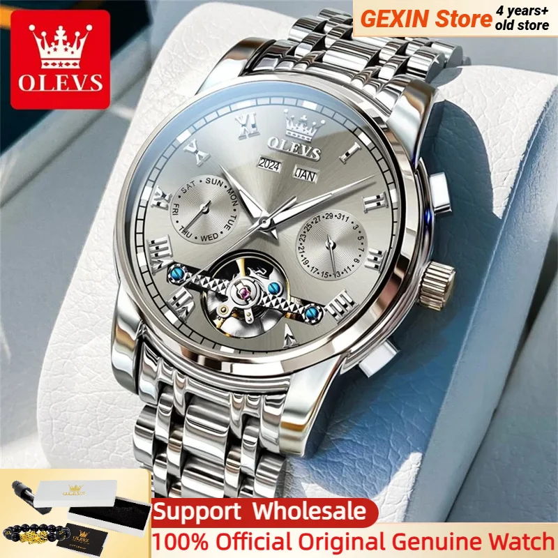 

OLEVS 6607 NEW Grey Men's Watches Automatic Mechanical Movement Luminous Dual Calendar Hollow Out Rome Dress Wristwatches Men