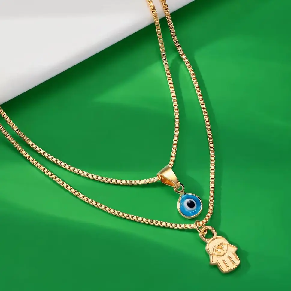 Einfache Boho Glück Halskette minimalistische Doppelschicht türkische blaue böse Blick Hand Anhänger Kette Halsband für Frauen Männer Schmuck Geschenk