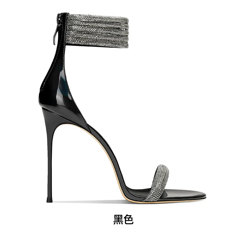 One-word Sandals Women's Stiletto High Heels 2025 Summer New Rhinestones