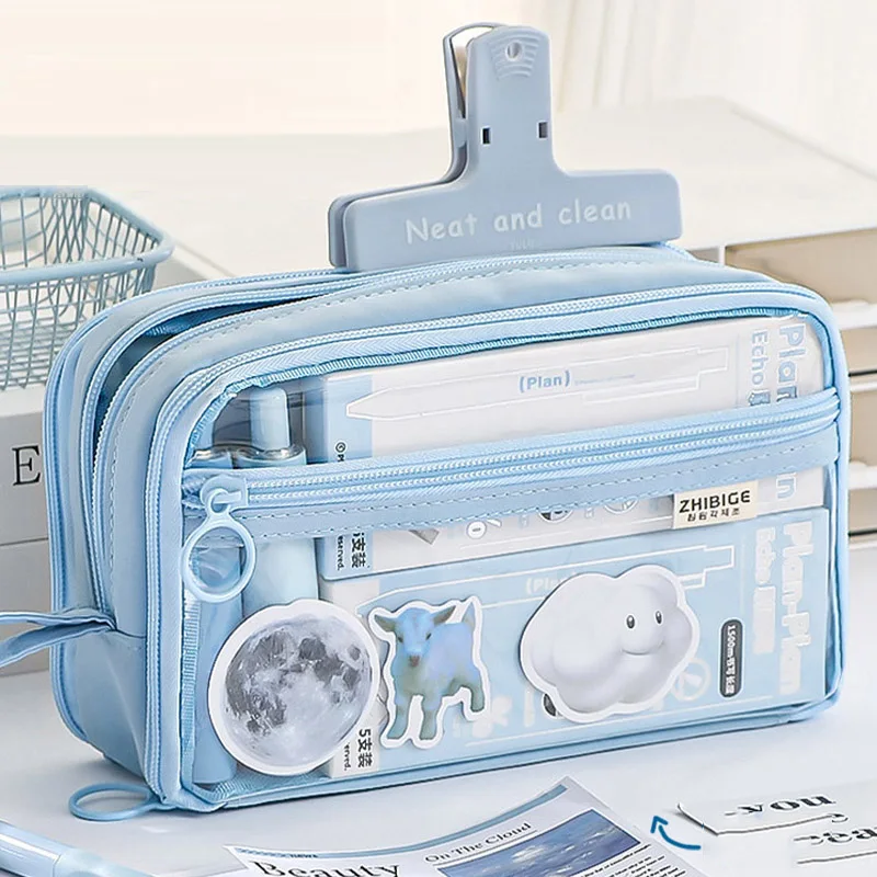 

Kawaii Large-capacity Double-sided Transparent Pencil Case Student 6-compartment Pencil Case Ins Style Stationery Storage Bag