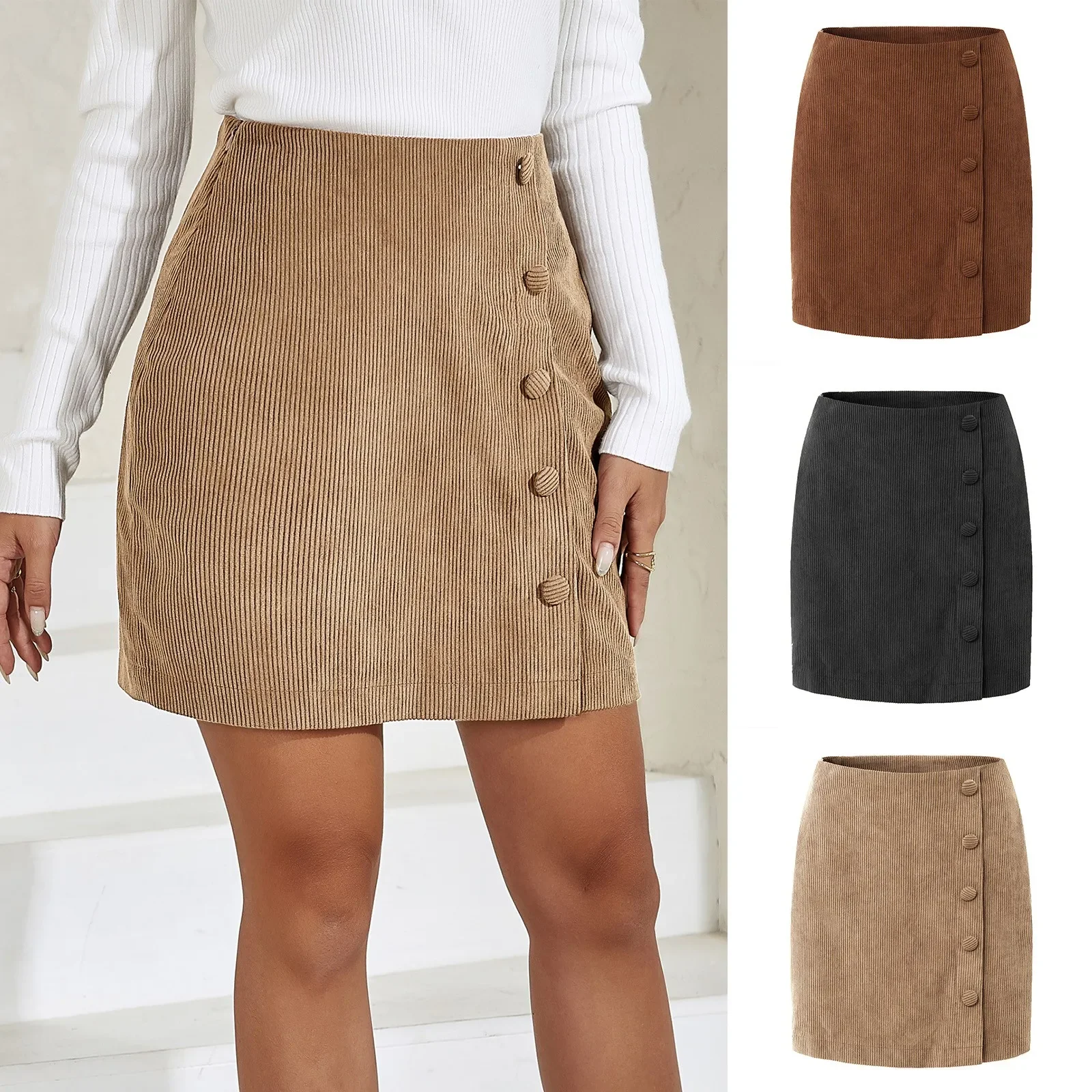 

2024 Women's Solid Color Button A-Line Corduroy Skirt Autumn Winter Fashion High Waist Slim Bodycon Preppy Style Skirts