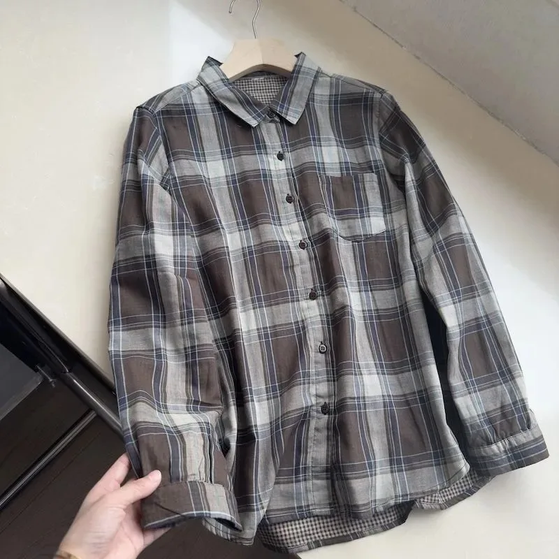 

Women's Vintage Plaid Shirts Long Sleeve Button Down Casual Loose Fit Blouses