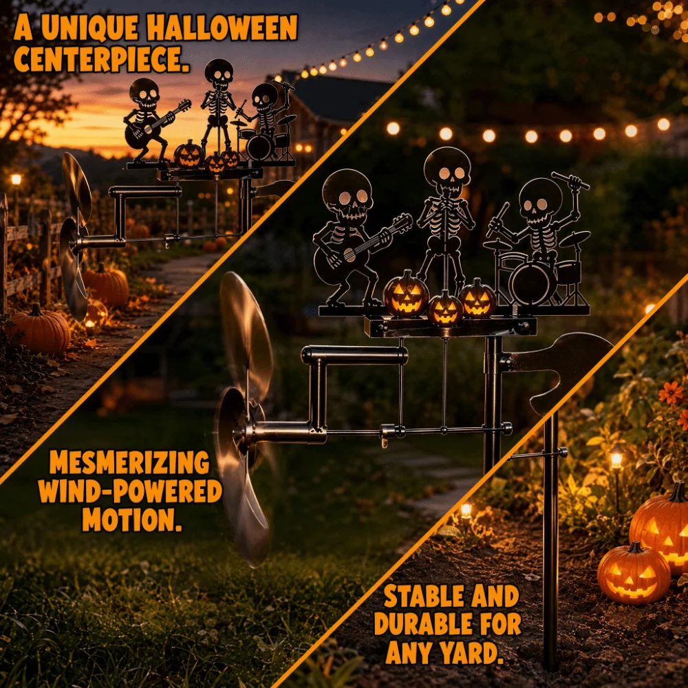 Rotating Halloween Skeleton Metal Drummer Wind Heavy Duty Artistic Rock Trio Skeleton Wind Spinner Wind-Powered Spooky