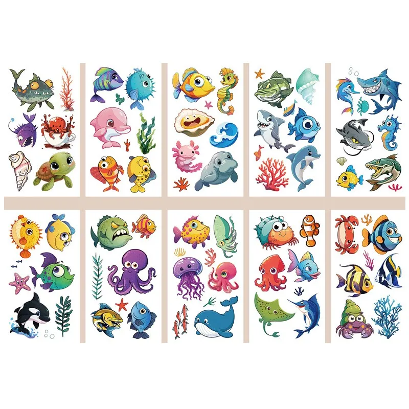 10Pcs/set New Cartoon Mermaid Temporary Tattoos Sticker Cute Undersea Animals Fish Tattoos For Birthday Party Gifts