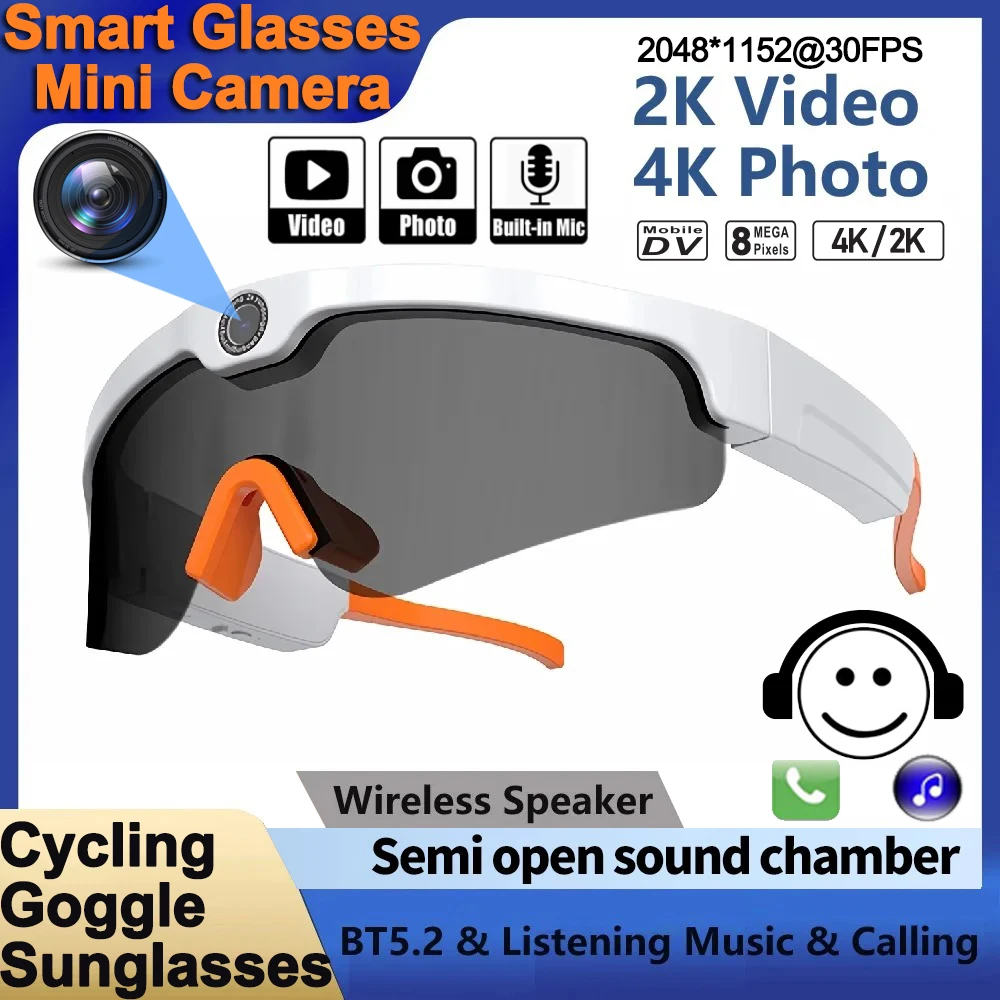 Outdoor Goggle Smart Glasses Camera HD 2K Video Recorder 4K Photo Taker Bluetooth Sunglasses Semi-open Wireless Speaker with Mic