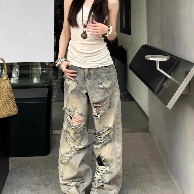 

Style American Distressed Jeans Female Clothing High Waist Spring Summer Vintage Fashionable Ripped Wide Leg Trousers