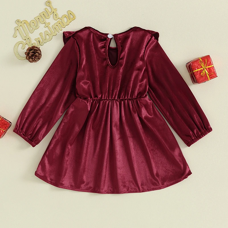 Baby Girl Christmas Dress Fashion Infant Ruffle Long Sleeve Round Neck A-Line Dress Toddler Velvet Dress Princess Party Clothes