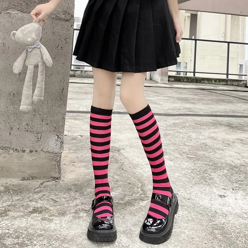 

Japanese Harajuku Cotton Socks for Girls, Striped Knee High Socks, Punk Streetwear, Blue, Purple, Black, Red Color, Sweet Cool