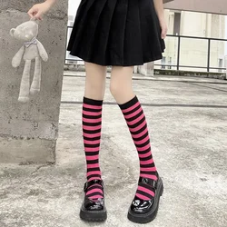 Japanese Harajuku Vintage Cotton Socks Blue Pink Purple Black Red Color Striped Knee High Socks Punk Streetwear Sweet Cool Girls