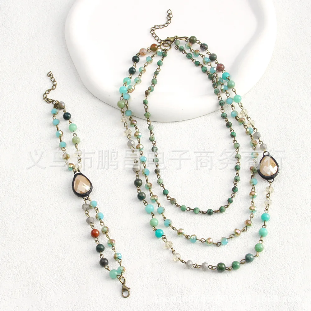 

For Women Jewelry-New Retro Multi-layer Bead Chain Jewelry Natural Stone Glass Ancient Cyan Chain Necklace Bracelet Set