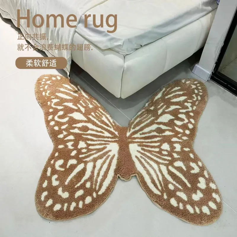 100x120cm Plush Butterfly Rug Black White Floor Mat Cute Shaped Area Rug Bedroom Living Room Bedside Chair Cloakroom Decor
