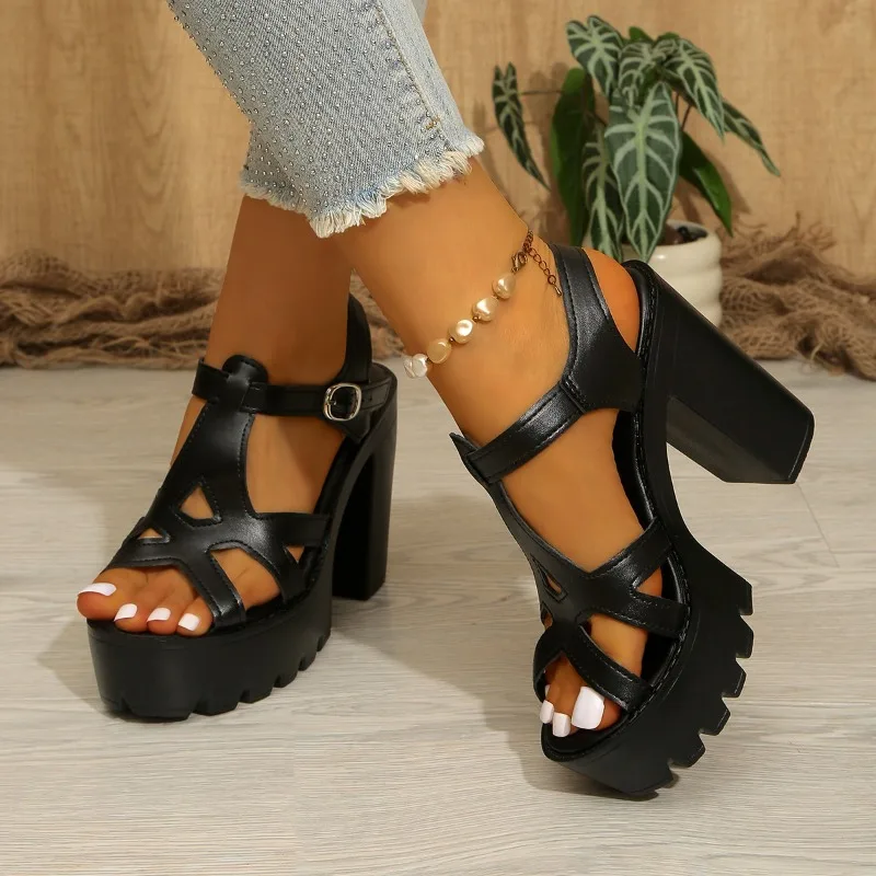

Летние новые женские модные универсальные сандалии на платформе с квадратным каблуком и открытым носком в римском стиле