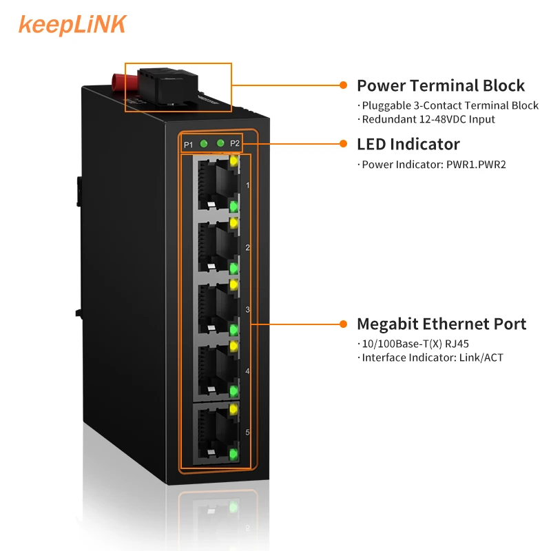 KeepLiNK Industrial 5-Port Megabit Ethernet Switch