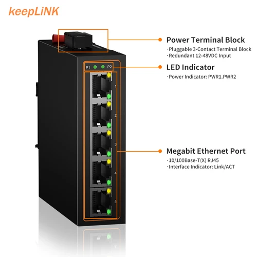 Imagen 2 del producto KeepLiNK interruptor Ethernet Megabit Industrial de 5 puertos