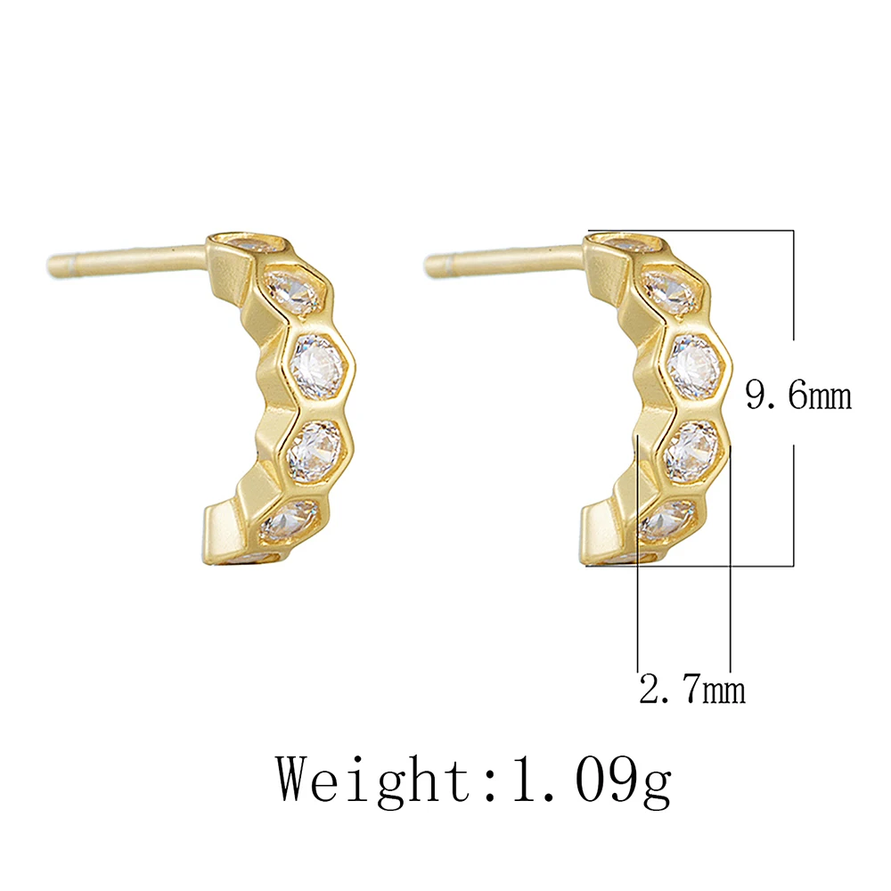 925 Sterling Silver Honeycomb Hexagon CZ Curved Half Hoop Stud Earrings Women Minimal Stacking Dainty Jewelry