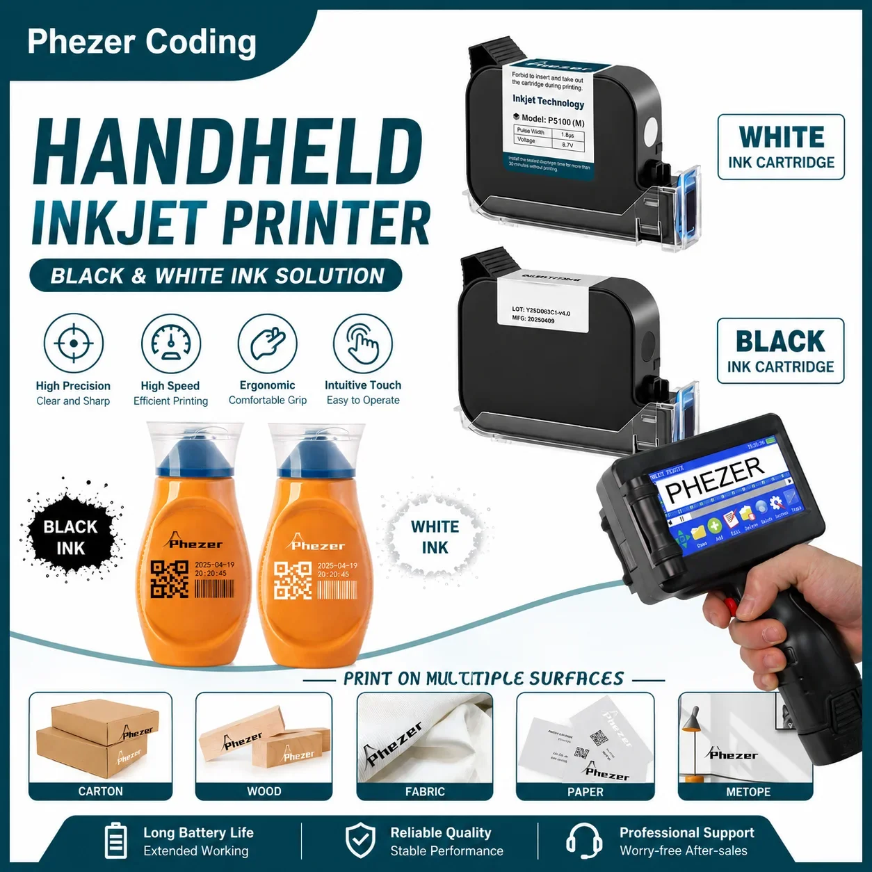 Phezer P17 Handheld Inkjet Printer 12.7mm Includes White Black Ink Portable Coding Machine Expiry Date Logo Barcode Batch Number