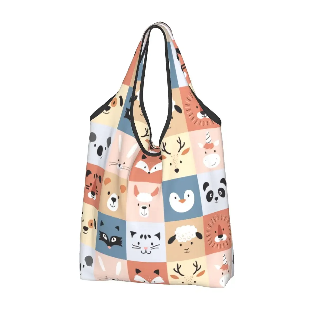 Reusable Cute Animals Grocery Bag Foldable Machine Washable Nursery Childish Cartoon Animal Shopping Bag 50LBS Large Folding Bag