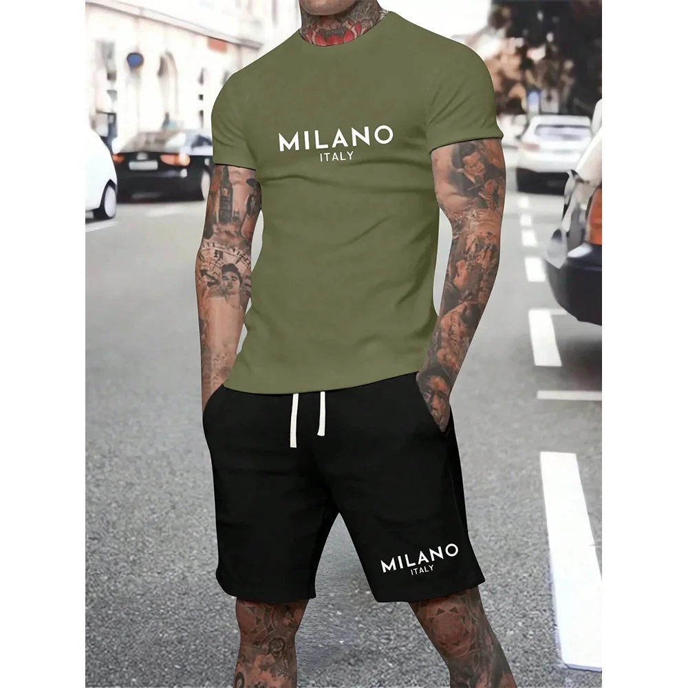 

Men's 2026 New Hot Summer Colorful Letter Printed Sports O-neck T-shirt Shorts Set Summer T-shirt Top Drawstring Shorts Set