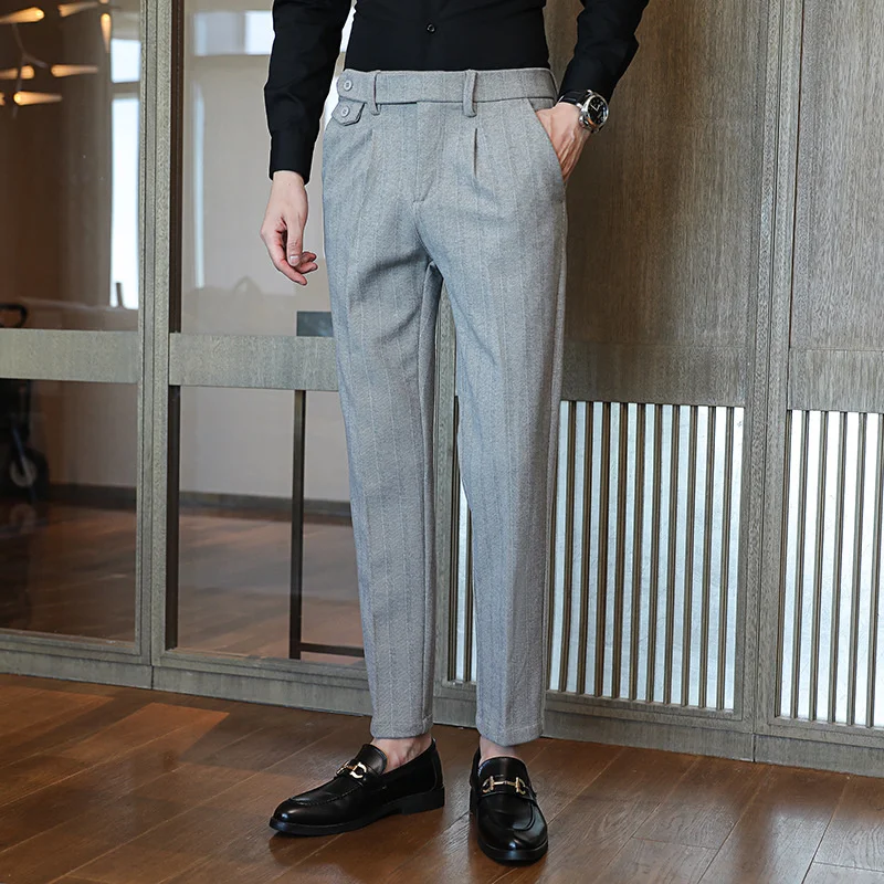 Thick Straight Slim Fit Suit Pants Men Pleated Korea Clothing Stretch Black Chino Dress Trousers Winter Autumn