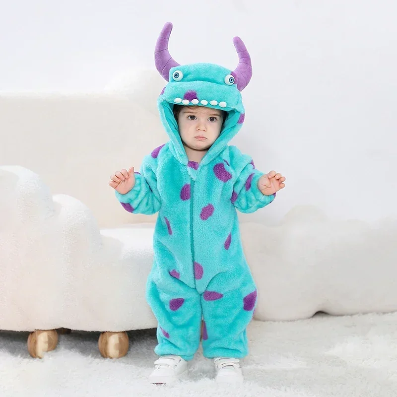 Kigurumis Baby Girls Clothes Romper Lovely Infant Baby Onesie Bodysuit Cartoon Animals Zipper Hooded Flannel Cosplay Jumpsuits