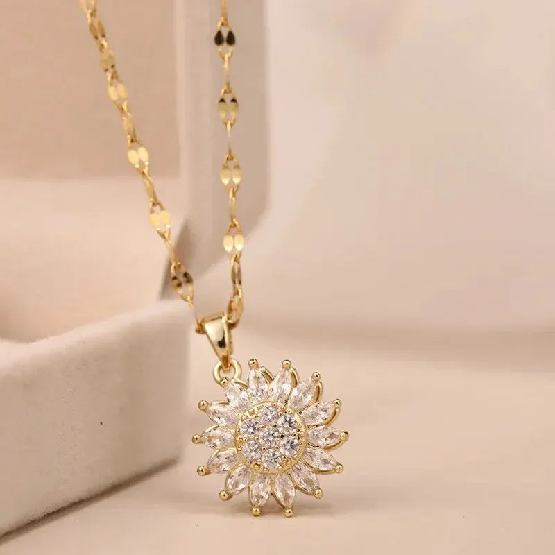 Classic Sunflower Cubic Zirconia Pendant Necklaces For Women Gold Color Alloy Rotate Necklace Daily Jewelry