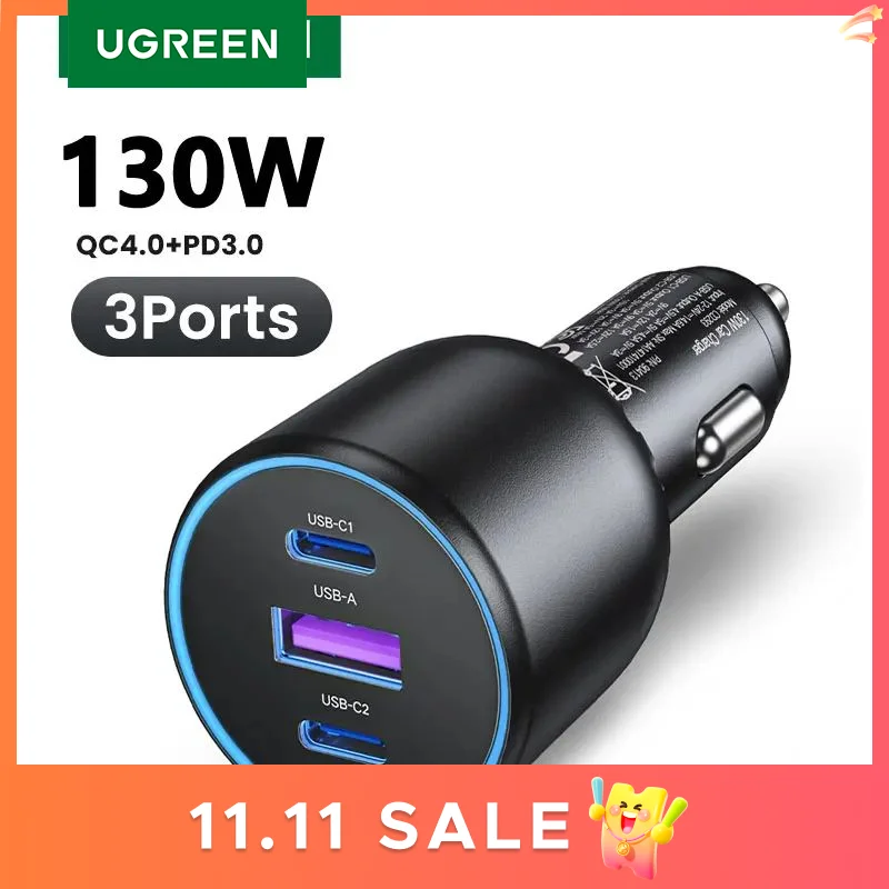 UGREEN 130W USB C Car Charger For Xiaomi iPhone 17 Samsung Galaxy S25 Laptops Tabet PD3.0 Fast Charging USB Type C Car Charger